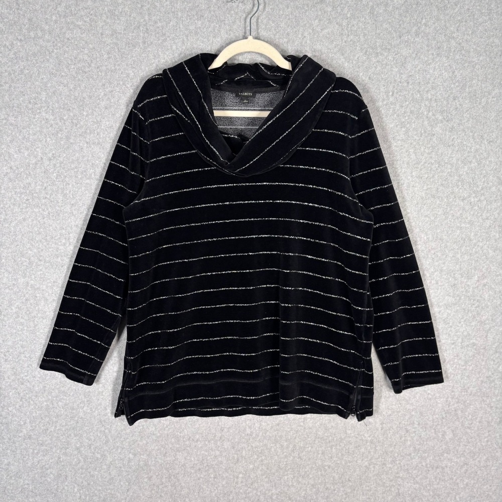 Talbots Velour Sweatshirt Large Cowl Neck Silver Metallic Stripe Artsy Lagenlook